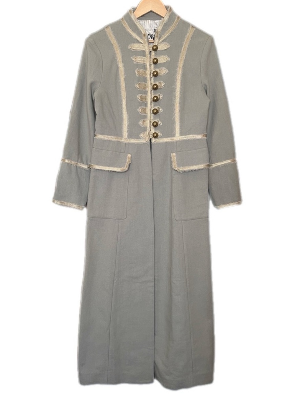 Zara Long Military-Style Trench Coat in Sage Green with Cream Trim - Picture 3 of 7